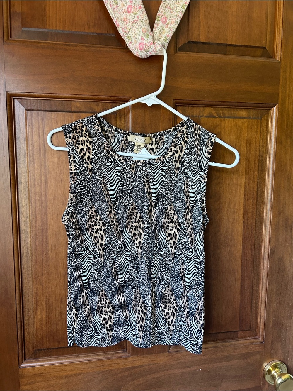 Sleeveless Mixed Animal-Print Top - Black and Tan